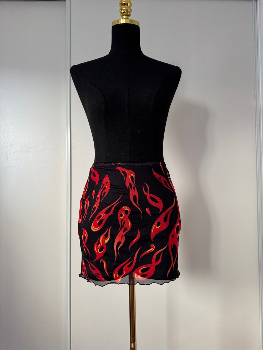 Black Mini Skirt with Red Flame Print